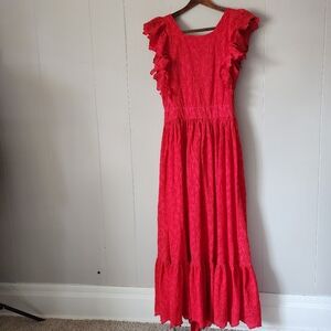 The Great Eyelet Apron Maxi Dress Cardinal Red Size 0 Ruffle Sleeves Cottagecore
